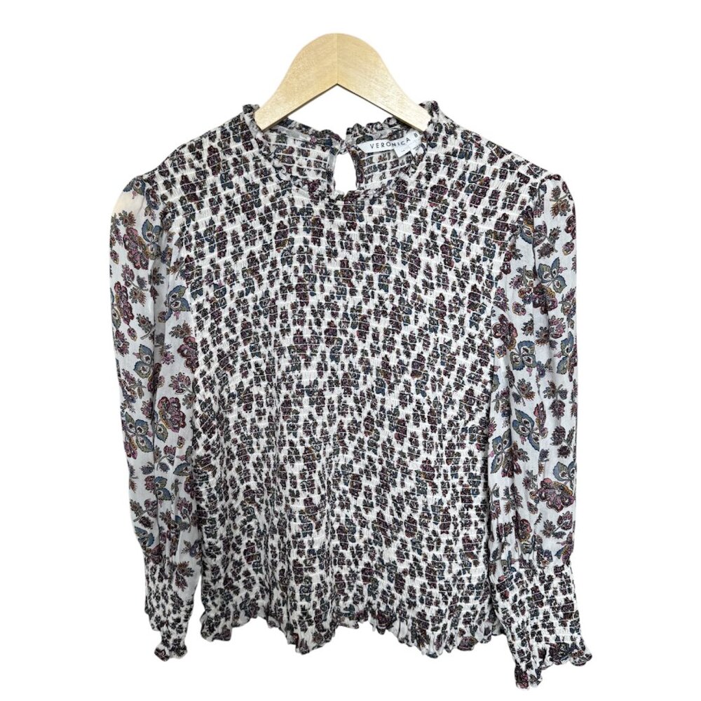 Veronica Beard Kali Floral Print Smocked Blouse Sz 14
